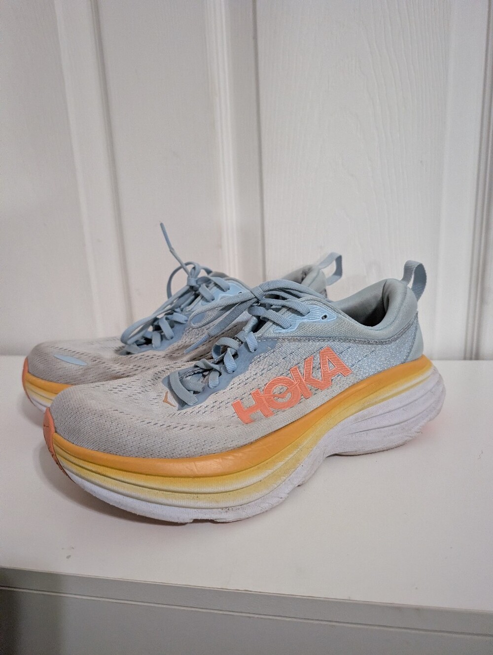 Hoka One One Bondi 8 Womens Shoes Sneakers Blue Orange Size 7 Wide